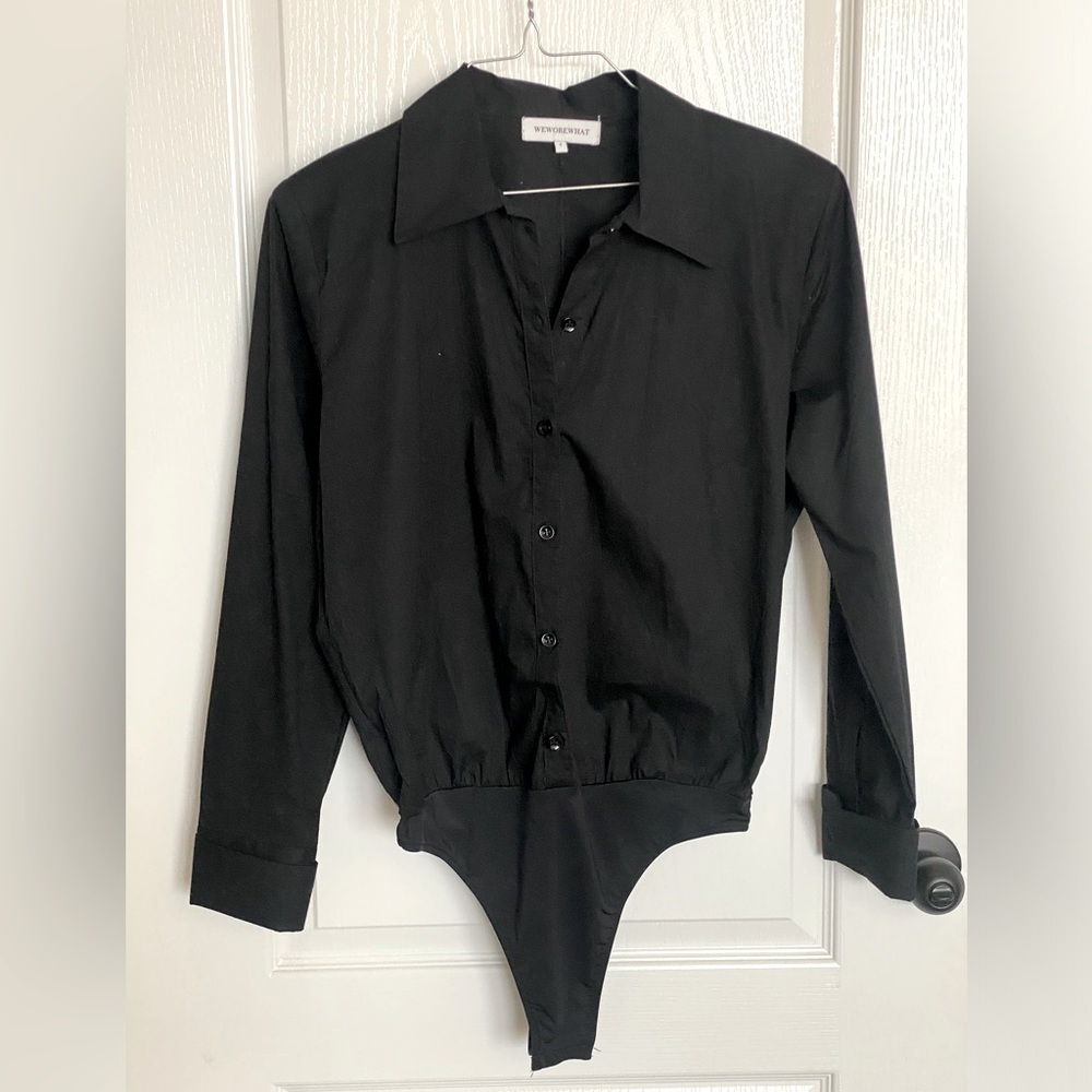 WeWoreWhat// long sleeve button down bodysuit// black// women’s sm